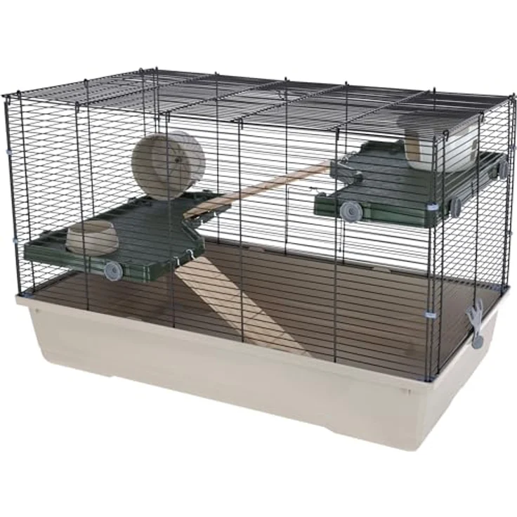 Kerbl Pet Kleintierkäfig Flat Nature, Hamsterkäfig in Taupe, dunkelgrün und schwarz, 80x45x51cm, mit Häuschen, Futternapf und 3 Etagen für Hamster, Mäuse und Ratten – Bild 1