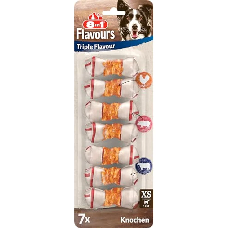 8in1 Triple Flavour Knochen XS, Hundesnacks mit Hähnchenfilet, Schweine- und Rinderhaut, 7 Stück, fettarm und ohne Zusatzstoffe – Bild 1