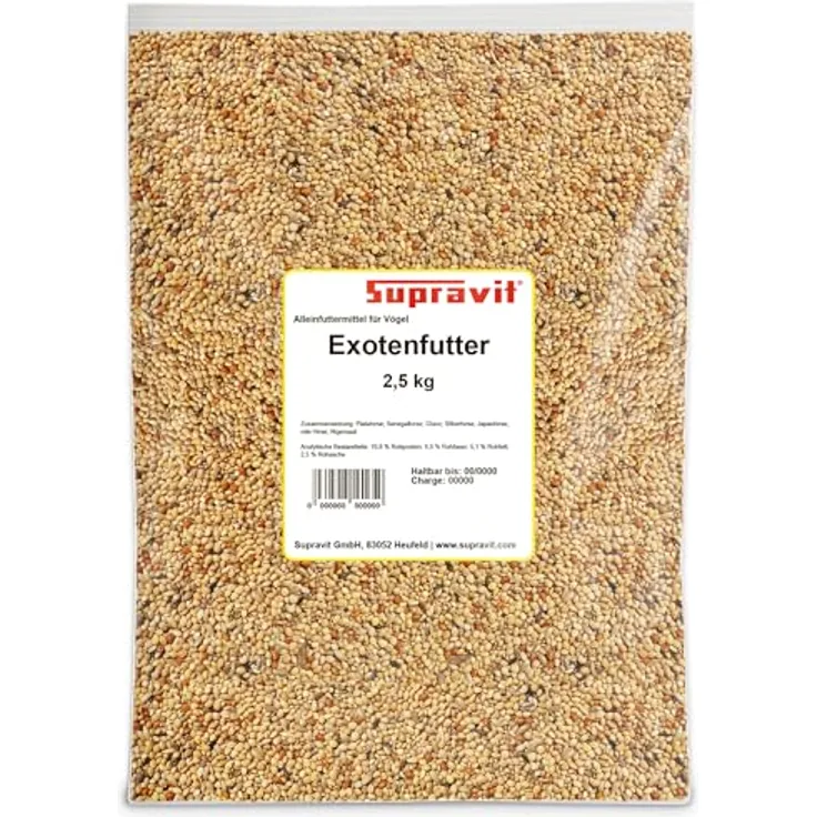 Supravit Exotenfutter 2,5kg, hochwertiges Mischfutter für exotische Finken mit Hirse & Saaten, unterstützt Federkleid und Paarungsbereitschaft, hergestellt in Deutschland