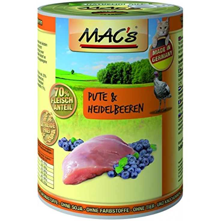 MAC's Cat Pute & Heidelbeeren, Getreidefreies Katzen-Nassfutter mit 45% Pute, 6 x 400 g – Bild 1
