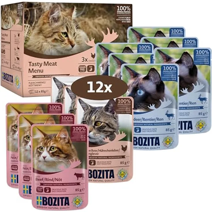 Bozita Nassfutter Häppchen in Gelee mit Fleisch, getreidefreies & weizenfreies Katzennassfutter für erwachsene Katzen, 12x85g, 8,5% Protein, 4,5% Fettgehalt