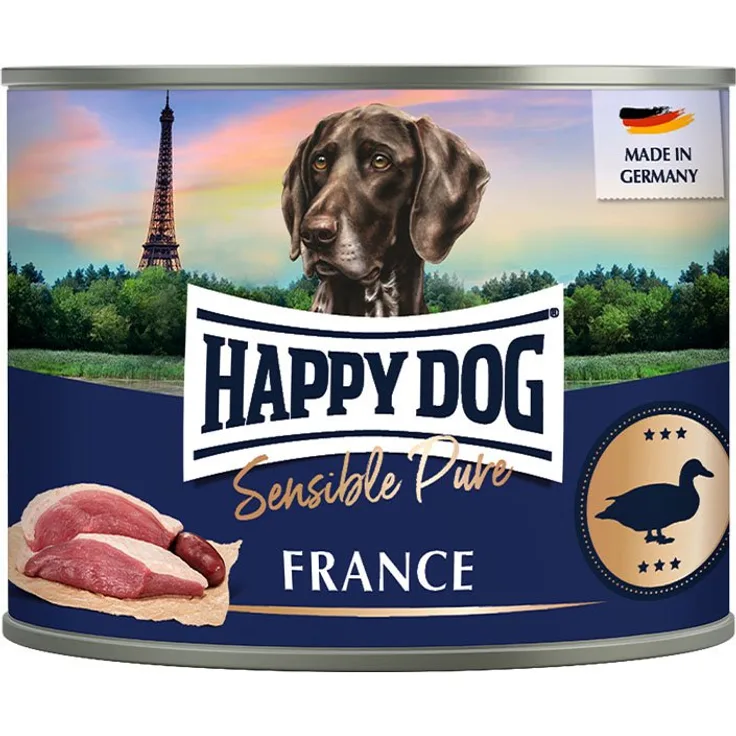 Happy Dog Sensible Pure France (Ente), Hunde-Nassfutter, Alleinfuttermittel für ausgewachsene Hunde, 12x200g