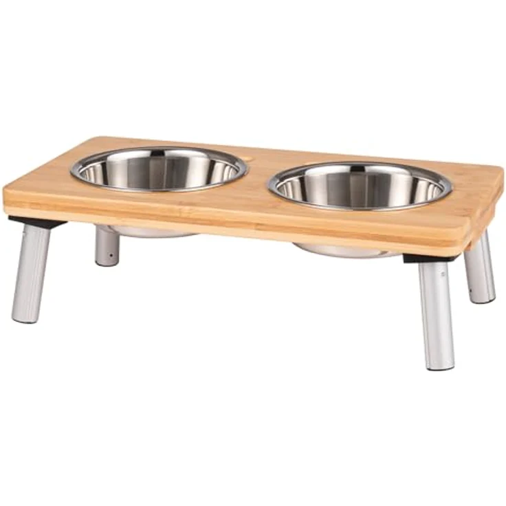 PEGGY11 Edelstahlnäpfe 2er Set, 480 ml - Erhöhte Futternäpfe mit rutschfesten Standfüßen für kleine Hunde und Katzen, stabiler Bambusständer – Bild 1