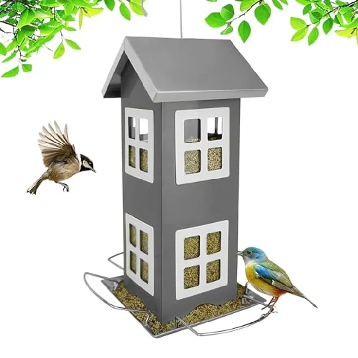 Relaxdays Vogelhaus, Metall, grau, zum Aufhängen mit 2 Etagen, HxBxT: 26 x 12 x 12 cm, Futterstation für Garten und Balkon – Bild 1