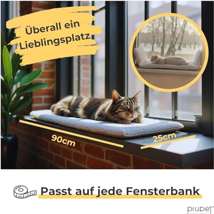 PiuPet Fensterliege für Katzen 90×25 cm, Rutschfestes Katzenbett mit selbstwärmender Katzendecke, Beige – Bild 4