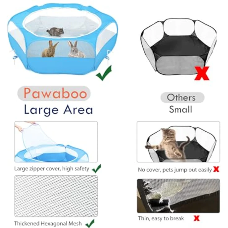 Pawaboo Kleintiere Freigehege, Wasserdicht Faltbar für Hasen, Hühner, Kätzchen und Welpen, Visuell Laufstall mit Netz und Nylonboden, 133 cm x 38 cm - Blau – Bild 3