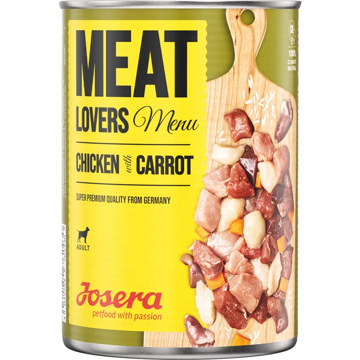 Josera Meatlovers Menü, Hunde-Nassfutter 6 x 800 g, Huhn & Karotte, 68% Fleischanteil, glutenfrei, klimaneutral produziert