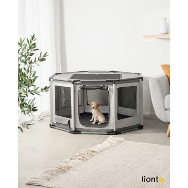 lionto Welpenauslauf, achteckiger Hundekäfig aus Oxford-Gewebe mit PVC-Rahmen, atmungsaktives Netz, Reißverschluss & Seitentasche, 112x112x62 cm, grau – Bild 2