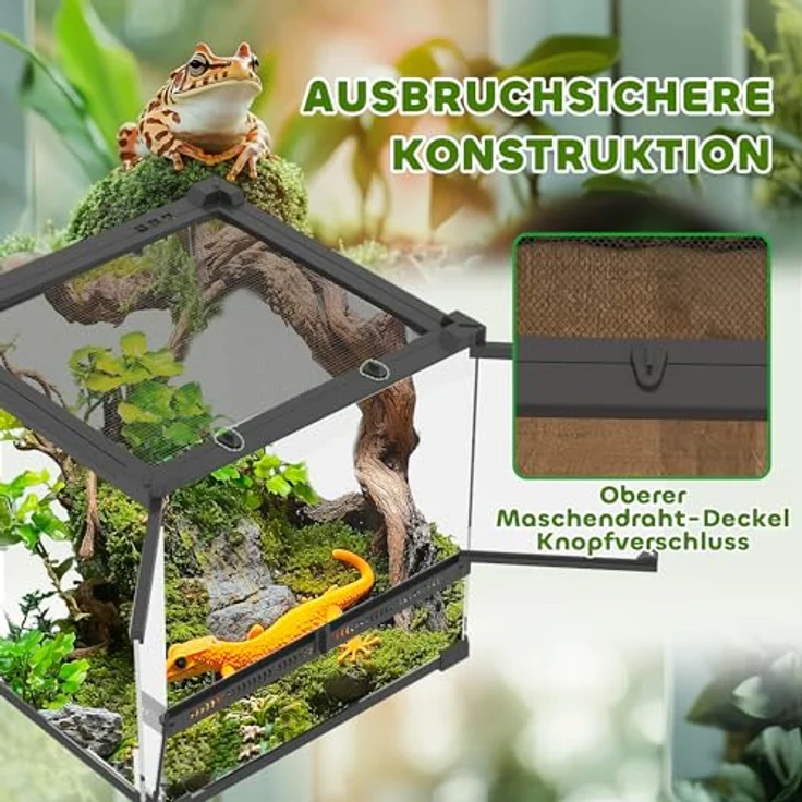 PawHut Terrarium für Reptilien, Glasterrarium 24L mit Frontbelüftung, ausbruchsicherem Drehverschluss für Amphibien und Spinnen, schwarz, 30 x 30 x 30 cm – Bild 4
