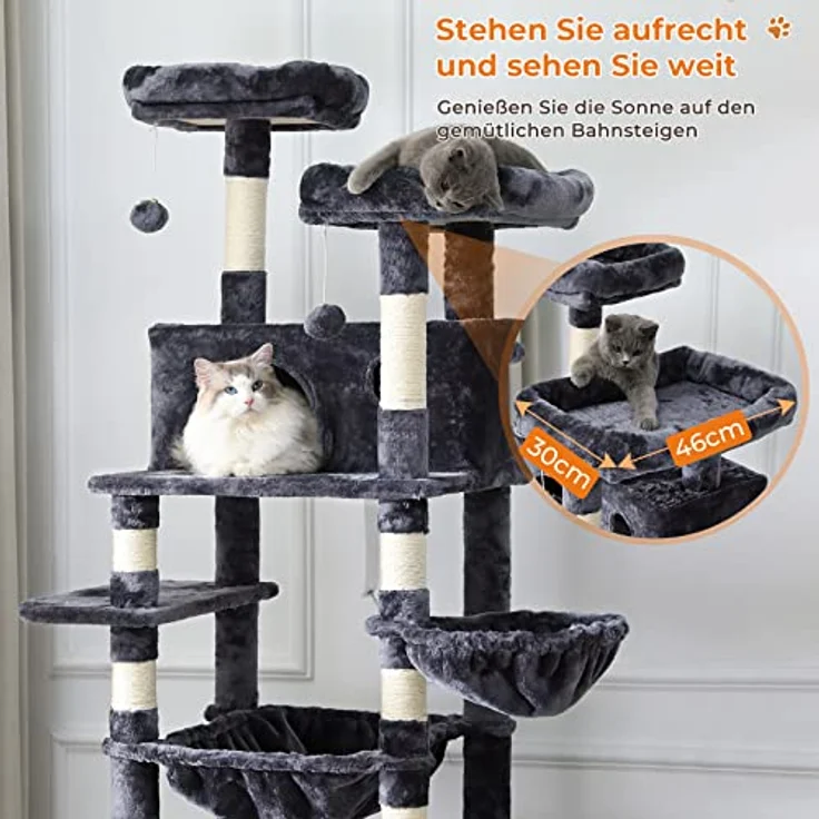 MSmask Kratzbaum XXL, 193 cm hoch mit 2 Höhlen, 2 Plattformen, Hängematte und Sisal-Kratzsäulen, stabil und deckenhoch für große Katzen – Bild 3