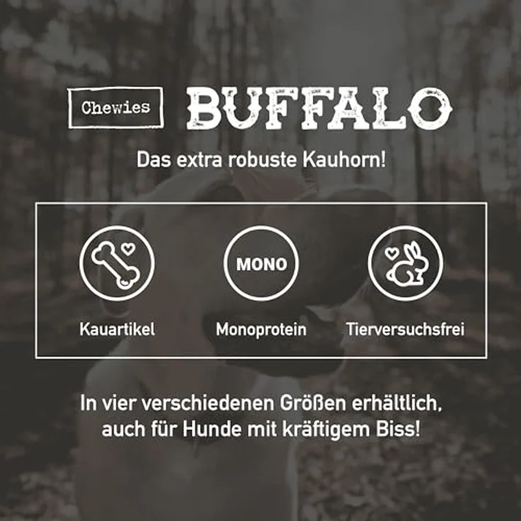 Chewies Büffelhorn für Hunde, gefülltes Kauspielzeug vom Wasserbüffel, Größe L für Hunde bis 25 kg, natürliche Zahnpflege und extra langer Kaugenuss – Bild 2