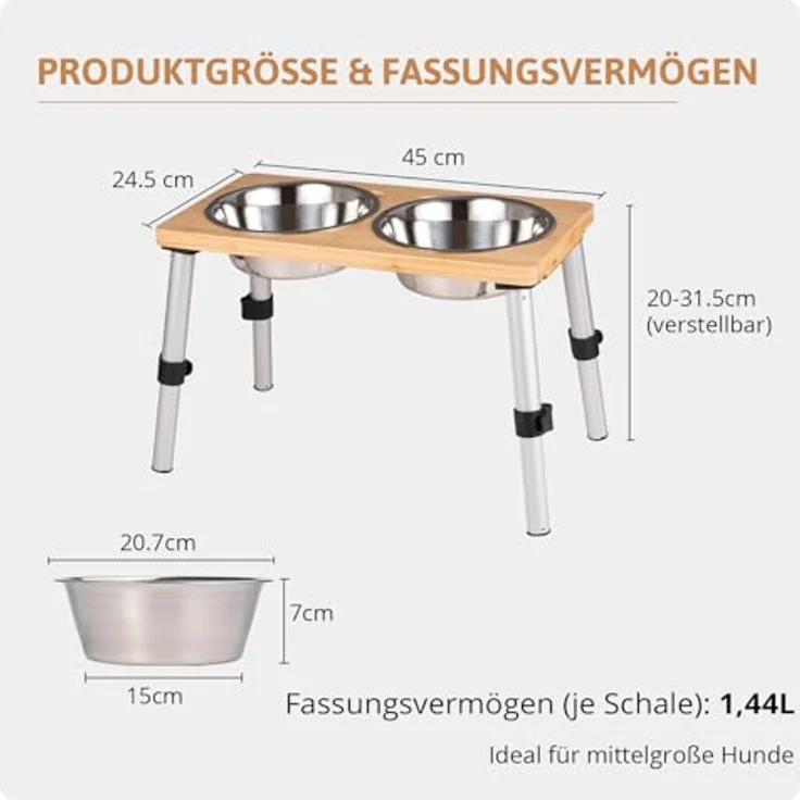 PEGGY11 Hundenäpfe Set, 2 x 1440 ml, erhöhte Edelstahlnäpfe mit rutschfestem Bambusständer für mittelgroße und große Hunde – Bild 2