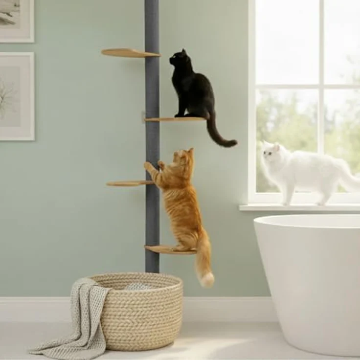eyepower Kratzbaum zur Wandmontage Luna, 205cm Wandkratzbaum mit 4 drehbaren Bambus Plateaus und Sisalstämmen, platzsparende Kletterwand für Katzen – Bild 3