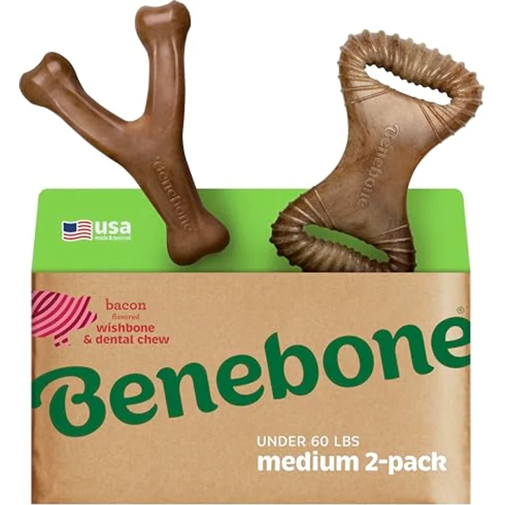 Benebone 2-Pack Indestructible Dental Chew/Wishbone, Robuste Hundespielzeuge für aggressive Kauer, Mit echtem Bacon-Geschmack, Für mittelgroße Hunde, Hergestellt in den USA – Bild 1