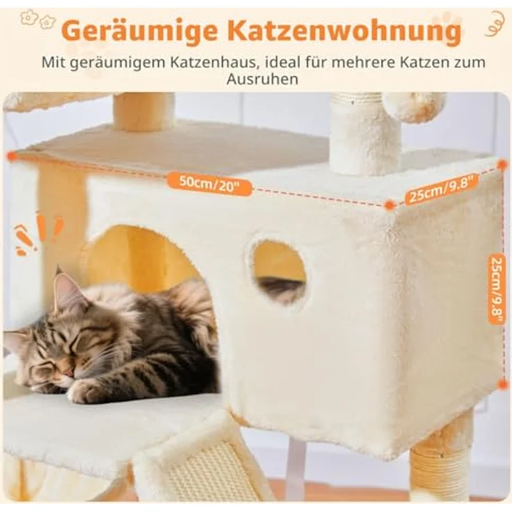 Taoqimiao 146CM Kratzbaum Groß, Stabiler Katzenbaum mit 2 Katzenhäusern, Metallhängematte, 8 Kratzsäulen und Katzenkratztafel, Beige MS026M – Bild 5