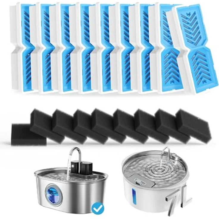 PEKTACO Katzenwasserbrunnenfilter PD-412, 9 Stück Ersatzfilter und Vorfilterschwämme für 3,2 l Haustier-Wasserbrunnen mit mehrstufigem Filtersystem – Bild 1