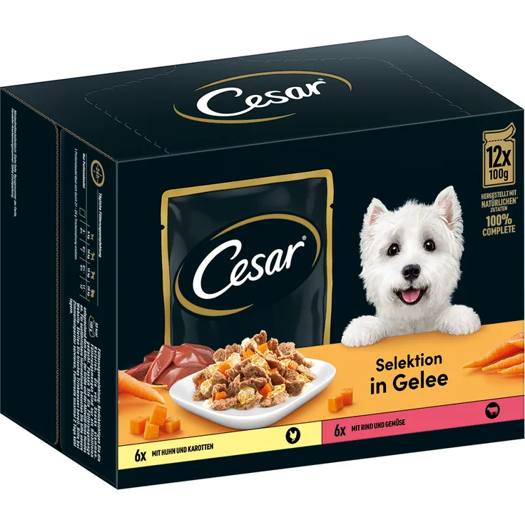 Cesar Selektion Fleisch und Gemüse in Gelee, Multipack mit 12 x 100 g, ausgewogenes Hundefutter ohne Zuckerzusatz