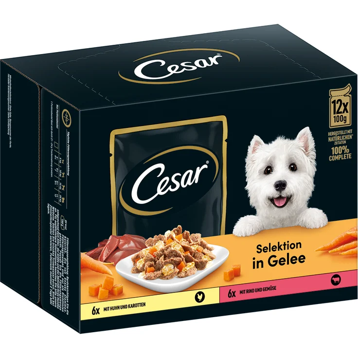 Cesar Selektion Fleisch und Gemüse in Gelee, Multipack mit 12 x 100 g, ausgewogenes Hundefutter ohne Zuckerzusatz