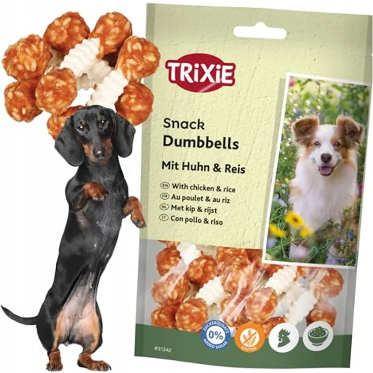 TRIXIE TX-31342 Dumbbell mit Hähnchen und Reis, 6 Stück à 100g, unterstützt Zahngesundheit und frischen Atem