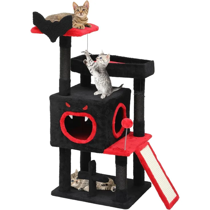 DIYARTS Katzenhaus Katzenkratzbaum Spooky Castle, Gothic-Design mit Höhle, Sisalstämmen und Kletterrampe, 111 cm hoch, platzsparend
