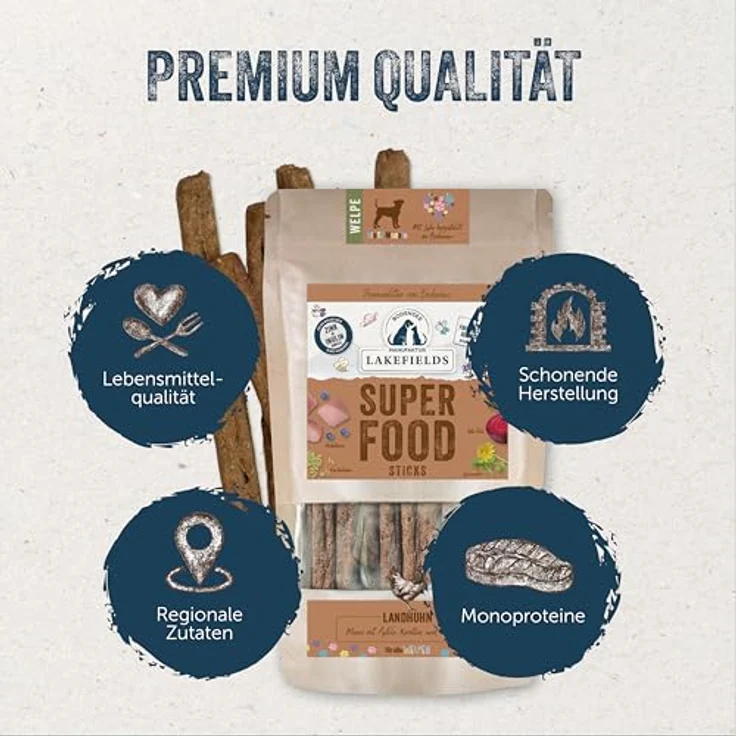 Lakefields SUPERFOOD Sticks, Premium Hundeleckerli für Welpen mit Huhn 61%, 130g, getreidefrei, mit Fenchelsamen & Heidelbeeren, entwickelt mit Tierärzten – Bild 2