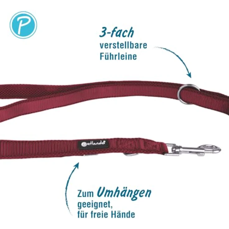 Petlando Hundeleine 2m Mesh weich gepolstert, Bordeaux, 3-fach verstellbar für mittelgroße Hunde, 230x2,5cm – Bild 2