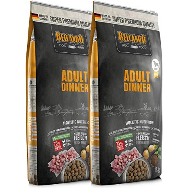 Belcando Adult Dinner, Trockenfutter für ausgewachsene Hunde, 2 x 12,5 kg, mit zartem Geflügel und Kartoffeln, Made in Germany