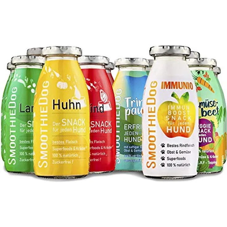 SmoothieDog Hunde Smoothie 12er Mix, flüssige Hundeleckerli mit Huhn, Rind, Lamm, Ente, Gemüsebeet - 100% natürlich, zucker- & glutenfrei, je 250ml
