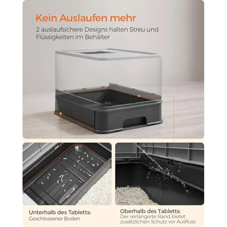 Feandrea Katzenklo 2er Set, mit Deckel und ausziehbarem Tablett, für Katzen bis 15 kg, anthrazitgrau-Taubengrau, auslaufsicherer Boden, weniger Spuren, inkl. Schaufel und Bürste – Bild 3