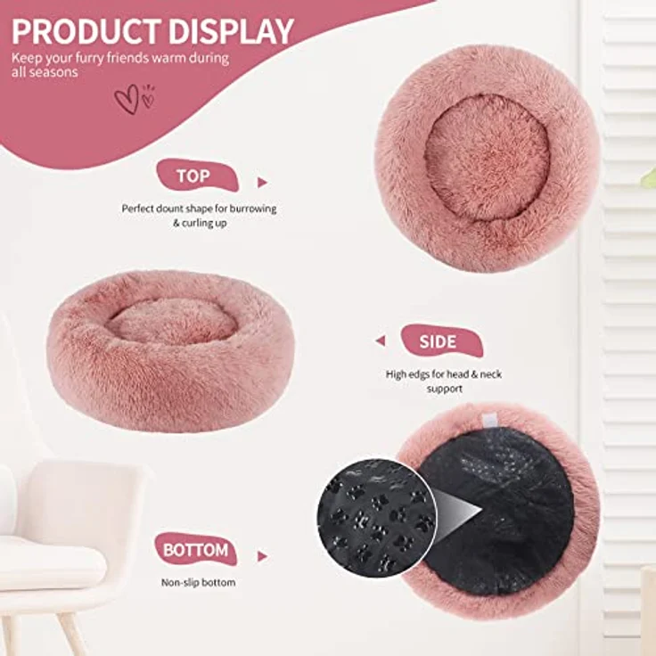 BVAGSS Rundes Hundebett XH034, Flauschiges Donut Katzenbett aus ultraweichem Plüsch, Waschbar, Ø 60 cm, Farbe Bean Paste – Bild 3