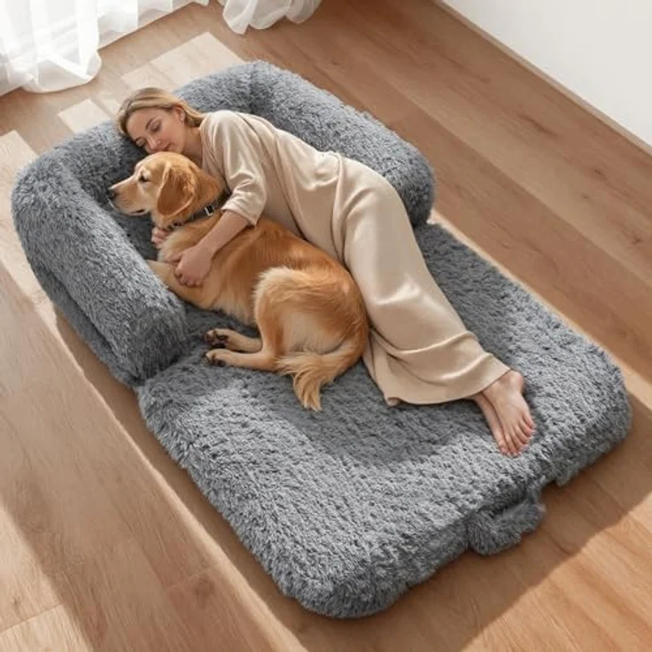 VEVOR Hundebett in Menschengröße, 181x111x24cm, Memory-Schaum mit abnehmbarem, waschbarem Bezug, Hochflor, Dunkelgrau, Seitentasche und Griff – Bild 1