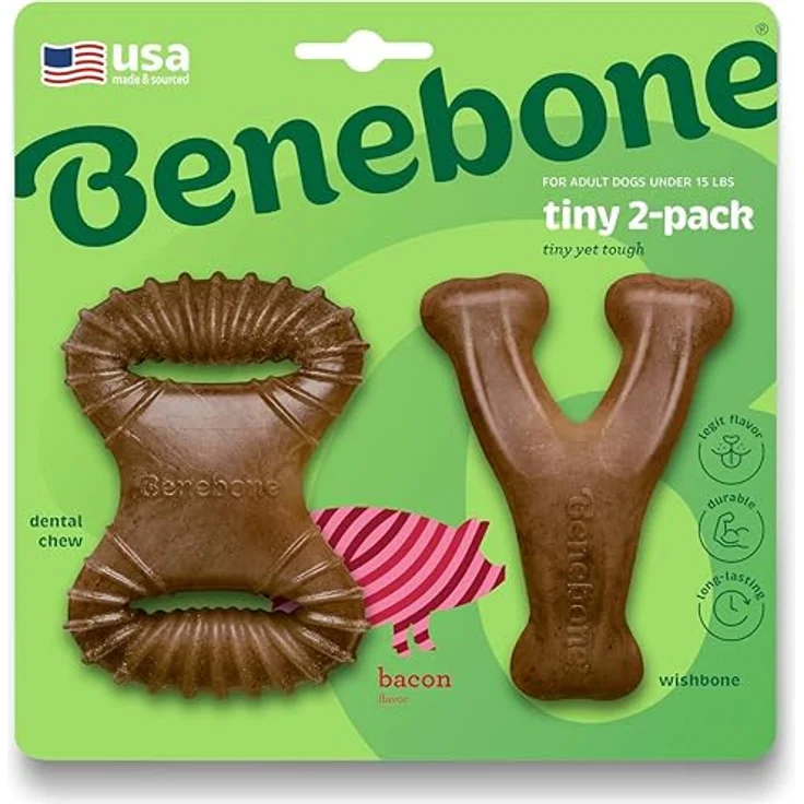 Benebone Welpen 2er-Pack Zahnkau-/Wishbone-Kauspielzeug, echter Speckgeschmack, Tiny, langlebig und pfotenfreundlicher Griff – Bild 1