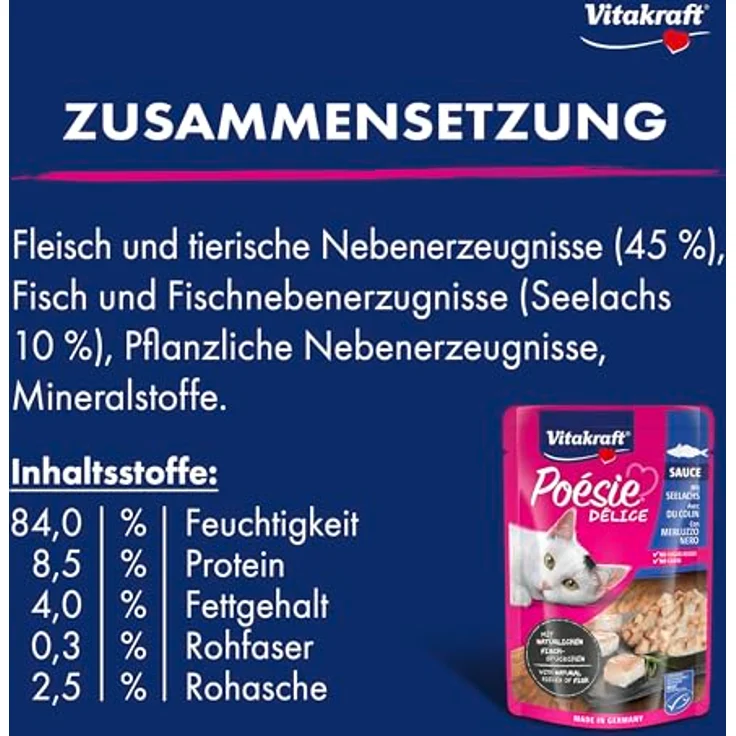 Vitakraft Poésie Délice, Katzennassfutter in Sauce mit MSC-zertifiziertem Seelachs, ohne Zucker und Getreide, Vorratspackung (23x 85g) – Bild 4