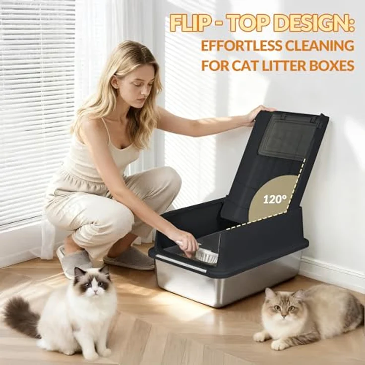 Fubyfurny XXL Edelstahl-Katzenklo mit Deckel, Geschlossene Katzentoilette mit Schaufel und Fußstufe, Leicht zu Reinigen, Schwarz, FPLB001SB1 – Bild 2