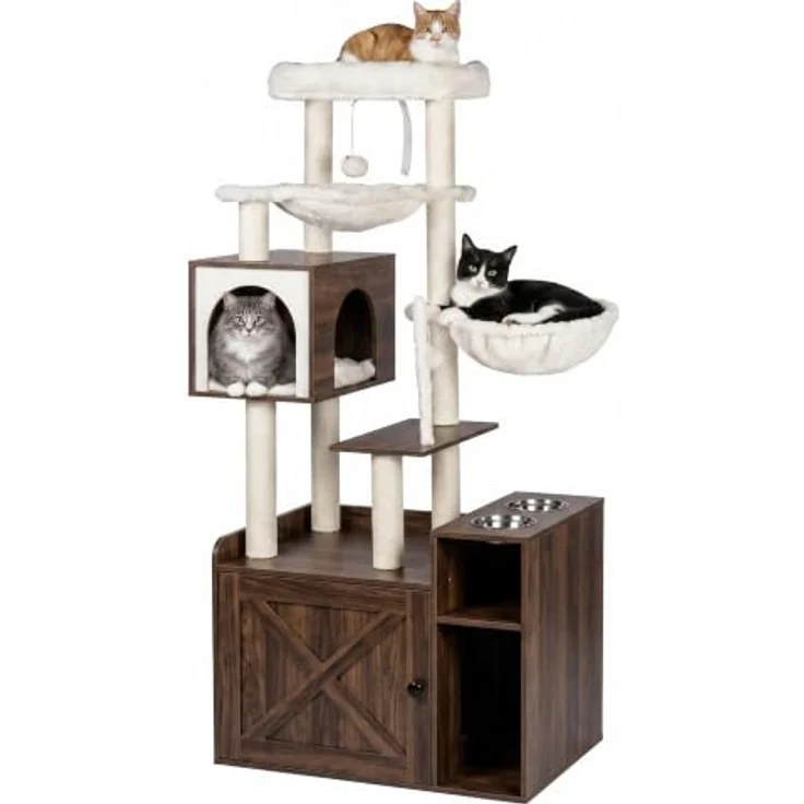 Relaxdays Kratzbaum Katzenkloschrank mit Schlafhöhle, 2 Futternäpfen, Sisal, magnetischer Tür, Faserplatte, Industrial-Weiß – Bild 1