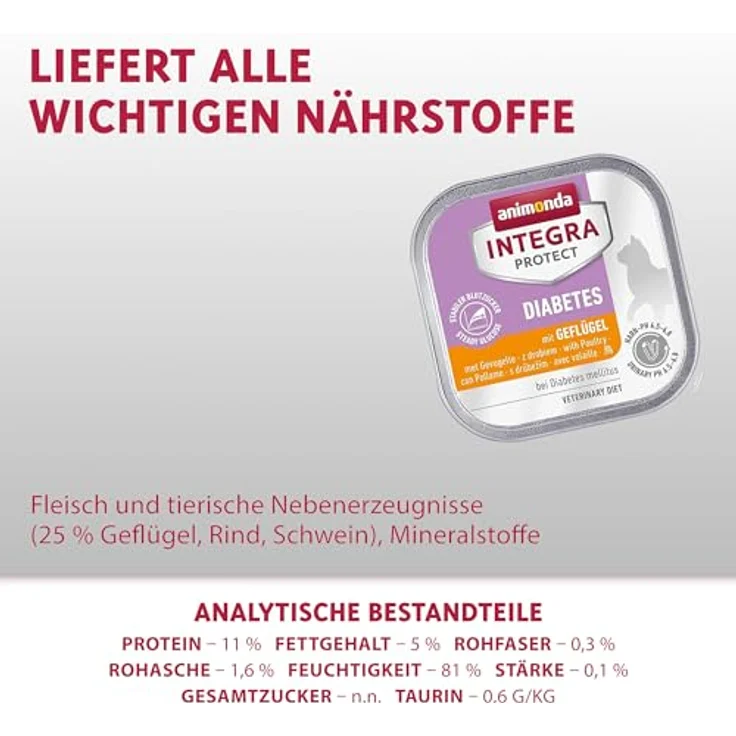 animonda INTEGRA PROTECT Diabetes, Katzen-Nassfutter mit magerem Geflügel, 16x100g, ohne Farbstoffe – Bild 3
