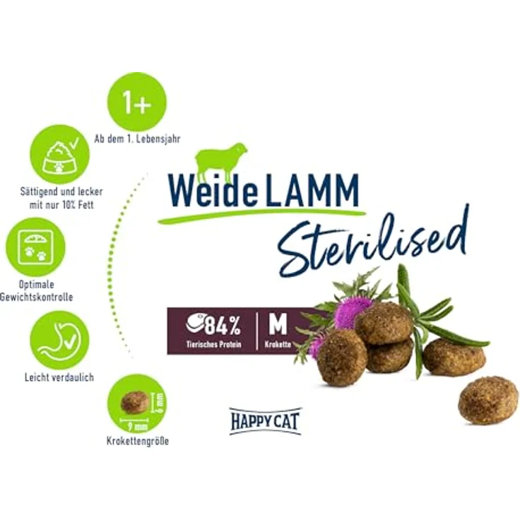 Happy Cat Supreme Trockenfutter für Katzen, Adult, sterilisiert, Weide-Lamm, 4 kg, 10,5% Fett, ohne Zucker, unterstützt Gewichtsmanagement und Haarballenkontrolle – Bild 3