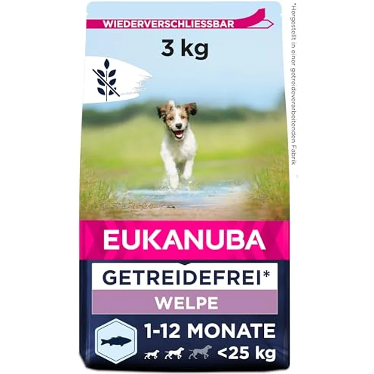 Eukanuba Welpenfutter getreidefrei mit Fisch für kleine und mittelgroße Rassen, Trockenfutter ohne Getreide für Junior Hunde, 3 kg - reich an Seefisch, unterstützt Wachstum und gesunde Verdauung – Bild 1
