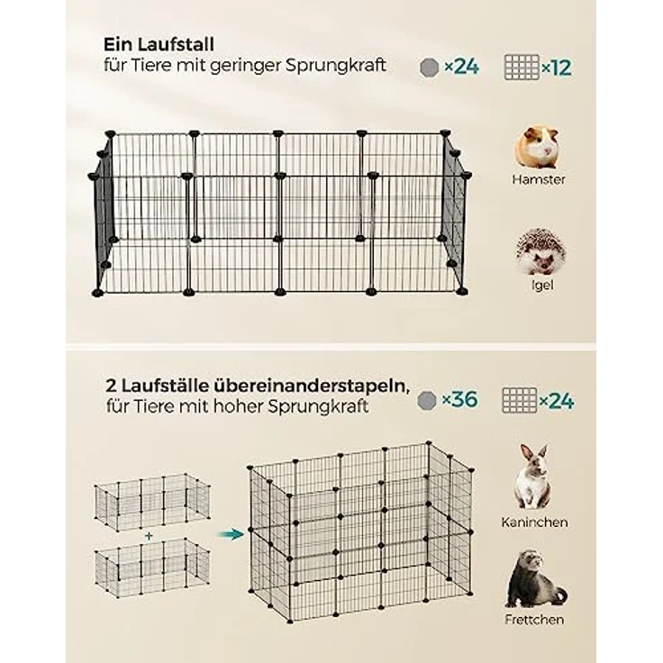 SONGMICS DIY-Kleintiergehege, Freilauf Käfig für Kaninchen und Meerschweinchen, Metallgitter, 123 x 63 x 41 cm, schwarz, stabil mit ABS-Kunststoffverbindern – Bild 4