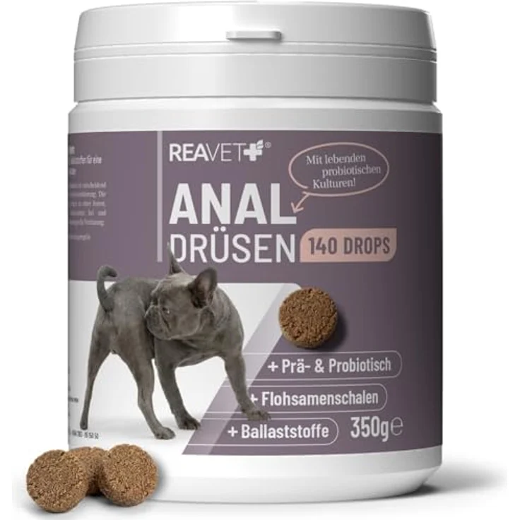 ReaVET Analdrüsen Unterstützung Hund, 350g (140 Drops) – Flohsamenschalen, Ballaststoffe & lebende Kulturen – Getreidefrei für feste Kotkonsistenz – Bild 1