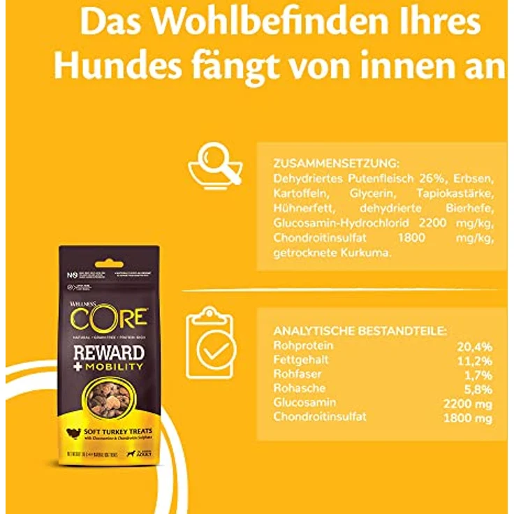 Wellness CORE Reward+ Pute, 170 g, getreidefreie Hundeleckerli mit hohem Fleischanteil, ohne Zuckerzusatz, fördert Mobilität & Gelenkgesundheit – Bild 4