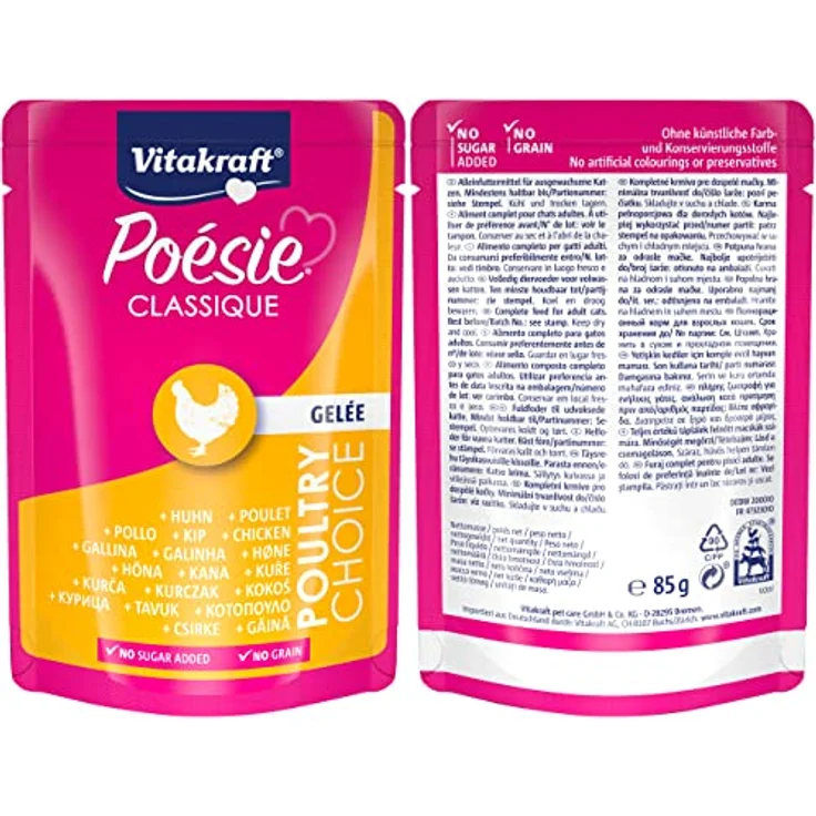 Vitakraft Poésie Classique Gelee, Katzen-Nassfutter ohne Getreide, 12x 85g, 4 Sorten (Huhn, Geflügel, Pute, Ente) – Bild 4