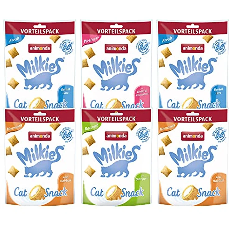 animonda Milkies Katzensnack mit Milch, Milchsnack Selection Multipack (6 x 120g), getreidefreie Knusperkissen für Erwachsene Katzen – Bild 1