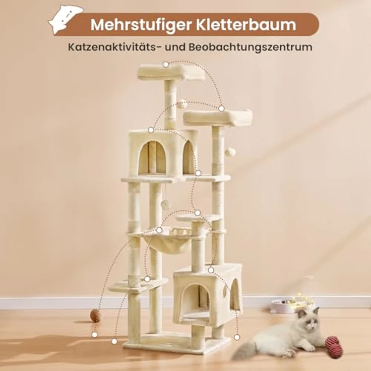 MSmask Kratzbaum groß, L Katzenbaum Stabil, Katzenkratzbaum mit 2 Plattformen, 2 Katzenhöhlen, Hängematte, Sisalsäulen, mehrstöckiger Kletterbaum für Katzen (Beige, 160 cm) – Bild 8
