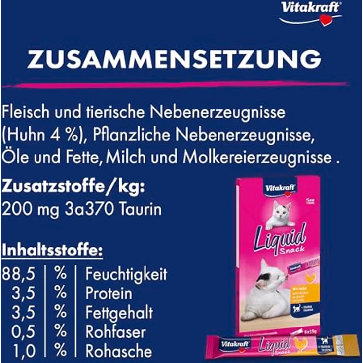 Vitakraft Liquid Snack, Katzen Leckerli mit Huhn und Taurin, cremig und kalorienarm, 6x15g Sachets zur Unterstützung von Augen und Herz – Bild 4