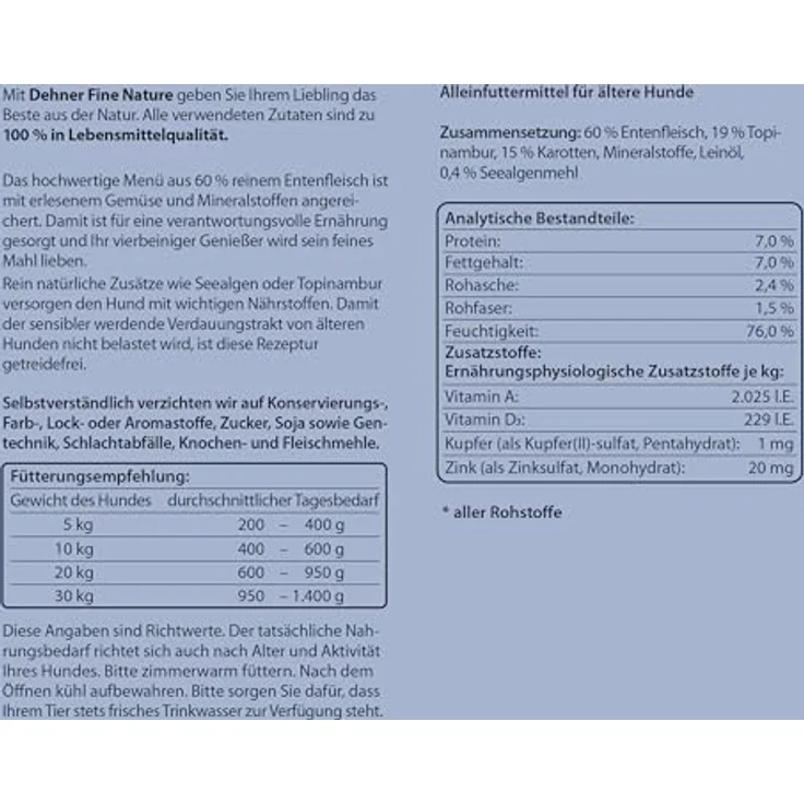 Dehner Fine Nature Hundefutter, Nassfutter in Lebensmittelqualität für ältere Hunde, Ente mit Topinambur und Karotten, 6 x 400 g Dose (2.4 kg) – Bild 5