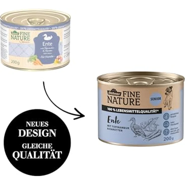 Dehner Fine Nature Hundefutter, Nassfutter in Lebensmittelqualität, für ältere Hunde, Ente mit Topinambur und Karotten, 6 x 200 g Dose (1.2 kg) – Bild 4