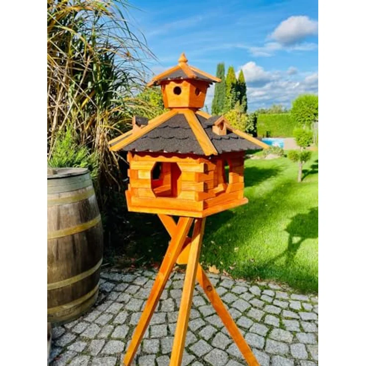 DARLUX handgefertigtes Sechseck Vogelhaus aus Holz, wetterfest XXL mit Ständer, schwarz-braun, Futterhaus mit Bitumschindeldach und Futterspender – Bild 5