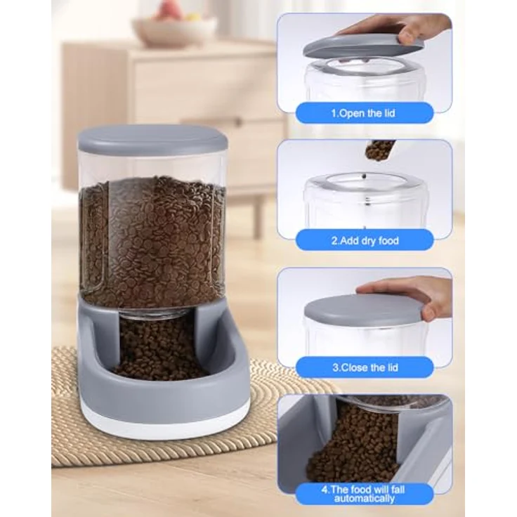 Zounin Automatischer Futterspender 2-in-1 Set für Katzen und Hunde, 2 x 3,8 L, Wasserspender für kleine, mittelgroße und große Haustiere (Grau) – Bild 3