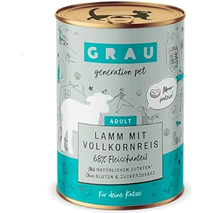 GRAU Nassfutter für Katzen - Lamm mit Vollkornreis, 6er Pack (6 x 400 g), glutenfrei, für sensible Katzen – Bild 1